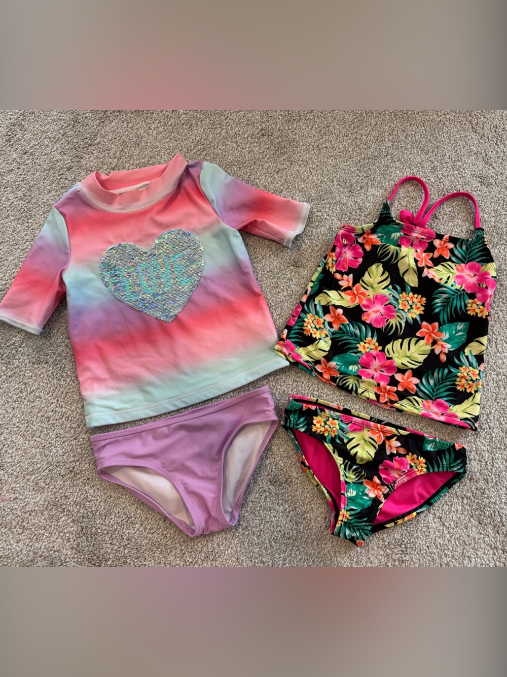 Girls Swim Set - Tie-Dye Rash Guard with Heart + Tropical Two-Piece